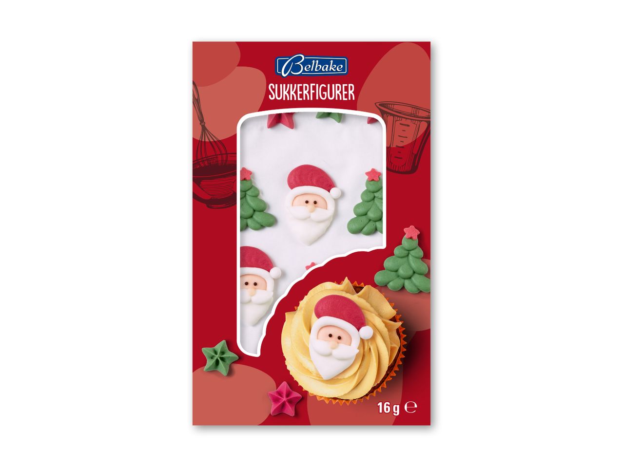 Belbake sukkerfigurer med julemænd og juletræer til kager og cupcakes.