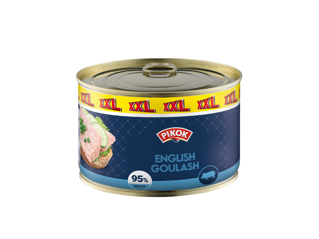 Pikok zīmola burka ar angļu gulašu, satur 95% gaļas un XXL marķējumu.