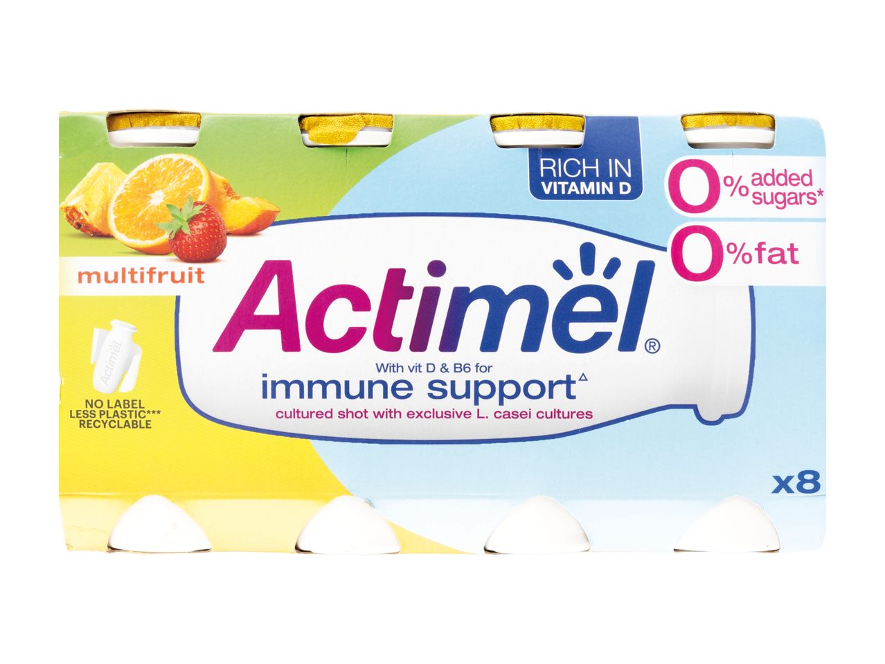 Multifruit cultured shots with vitamins D and B6 for immune support, 0% added sugars, 0% fat, x8 pack.