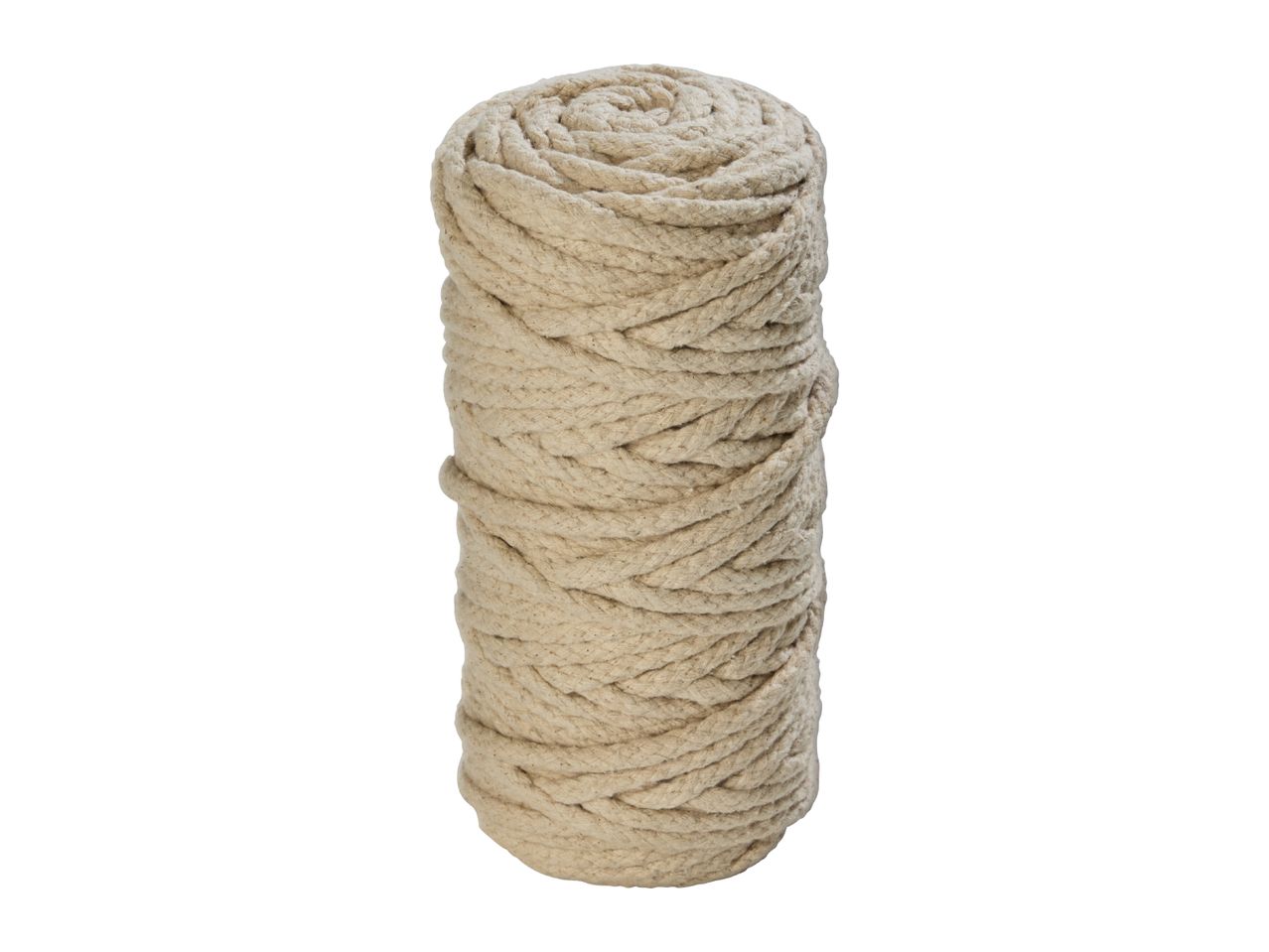 A tall, cylindrical roll of thick, light beige rope, tightly wound.