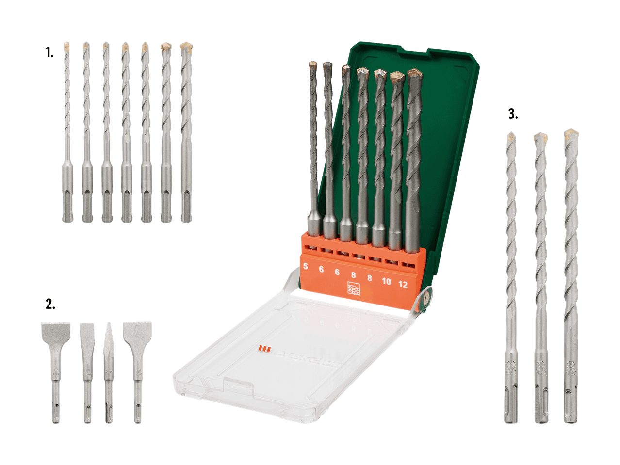 Ein Satz verschiedener Hammerbohrer und Meißel, einschließlich eines verpackten Bohrersatzes.