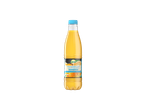 Jus d'orange Solevita, 100% pur jus, sans pulpe, dans une bouteille transparente avec un bouchon bleu.