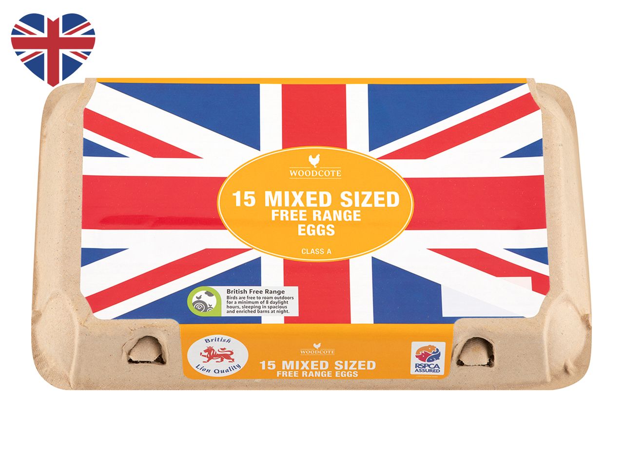 15 Woodcote mixed-size free range eggs, British flag design.