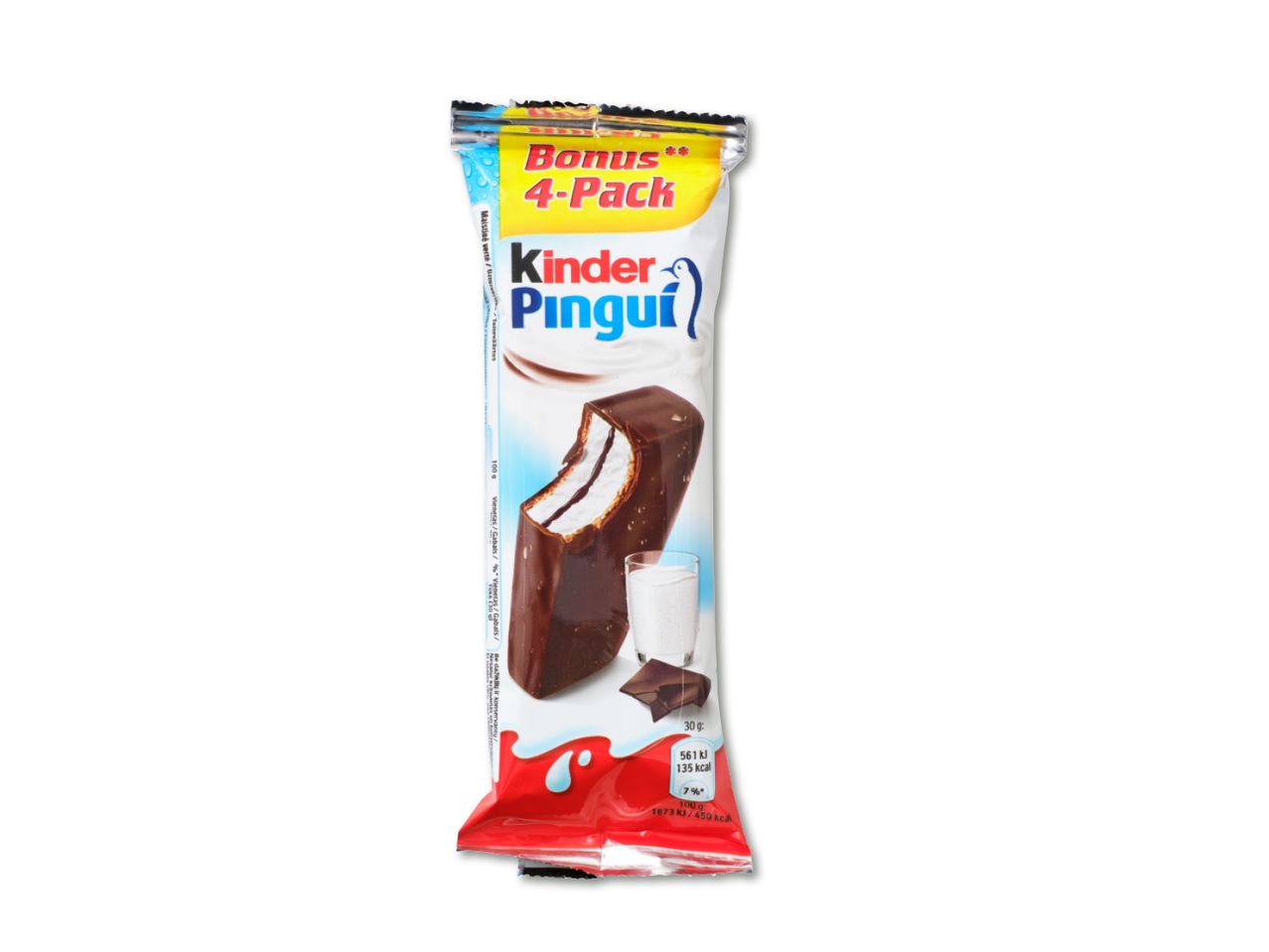 Kinder Pingui 4-pakk, millel on šokolaadibatoon ja klaas piima.