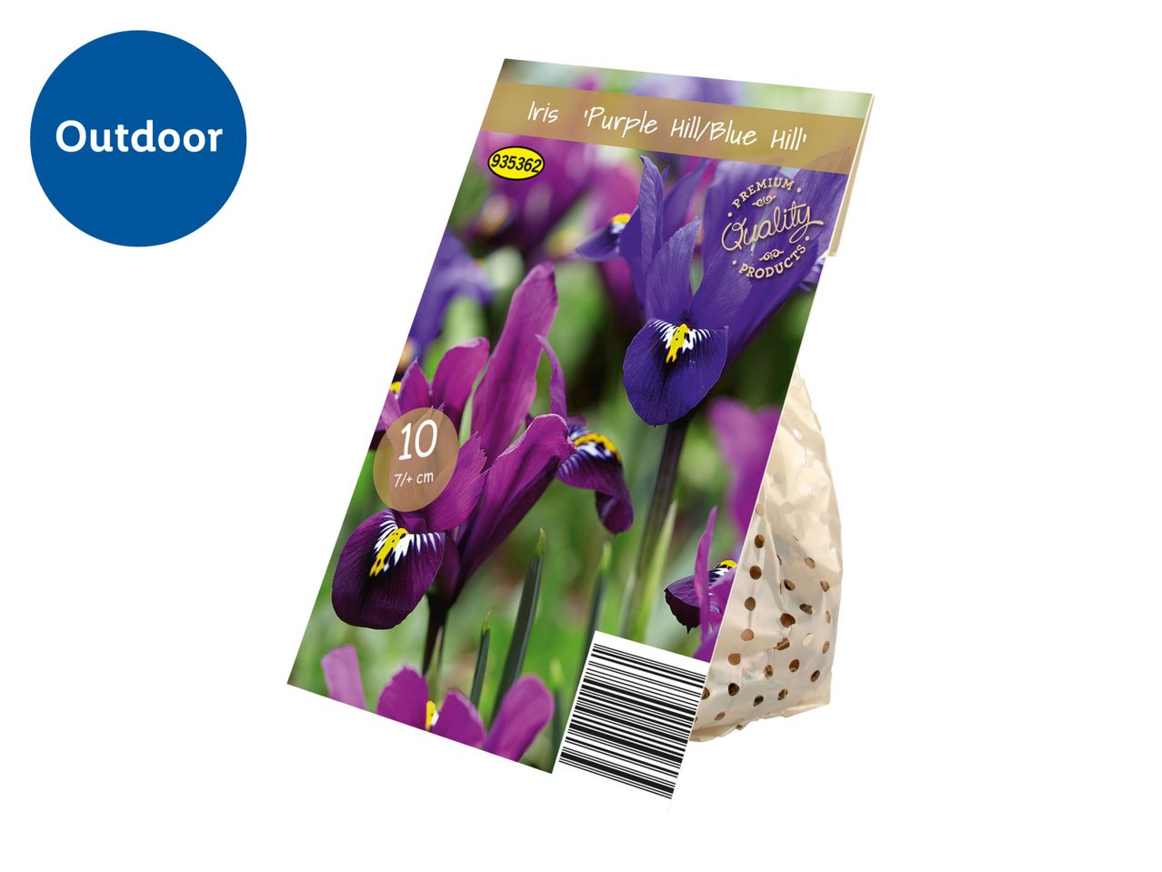 A package of Iris 'Purple Hill/Blue Hill' bulbs, labeled for outdoor use.