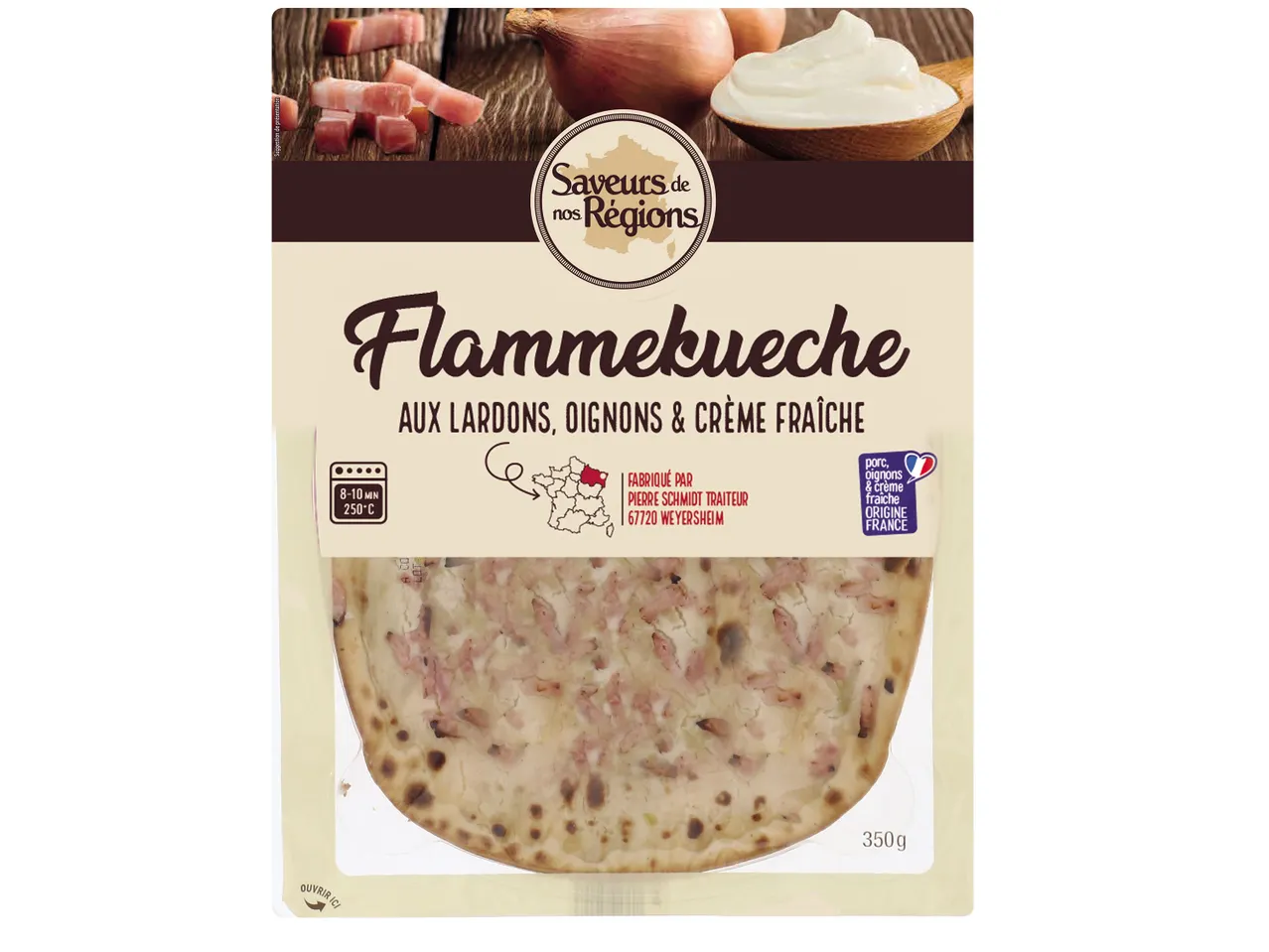 Flammekueche Saveurs de nos Régions au lardons, oignons et crème fraîche.