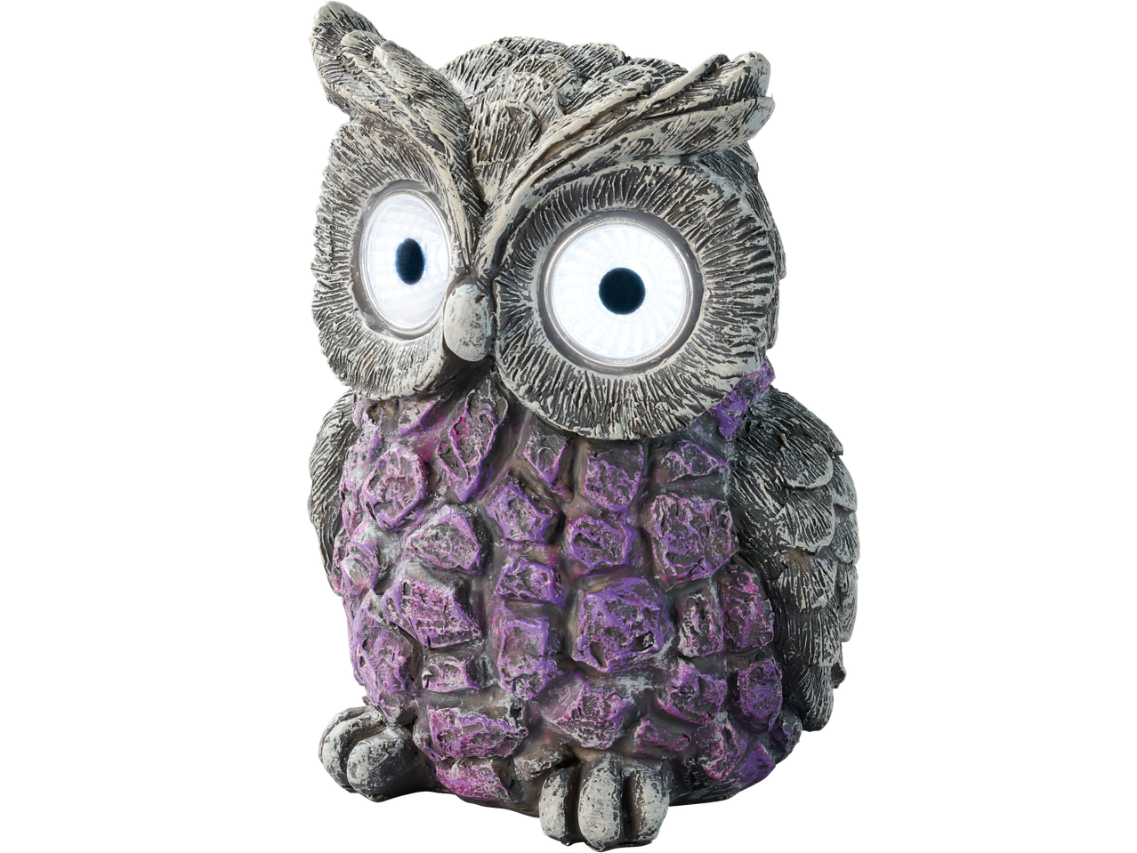 LIVARNO LED-Solarfigur: Coruja decorativa com corpo roxo e olhos brilhantes.