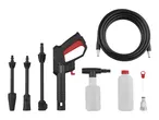 Parkside pressure washer with various nozzles, detergent bottle, and high-pressure hose.