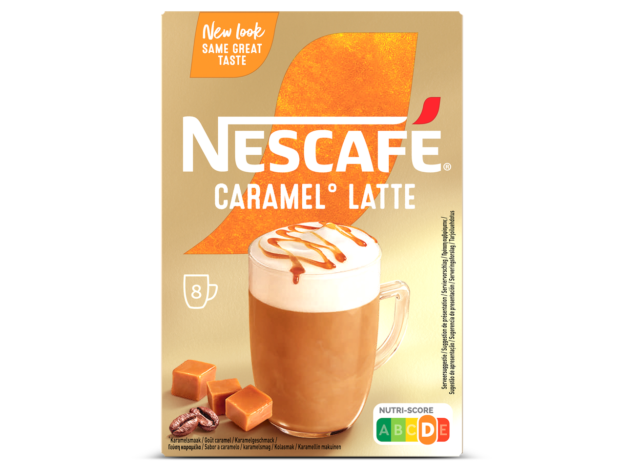 Nescafé Gold Caramel Latte met 8 porties, Nutri-Score A-E en karamelsmaak.