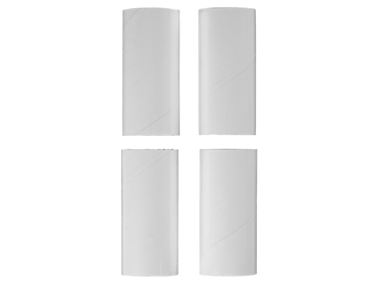 Four white cardboard tubes arranged in a grid on a black background.