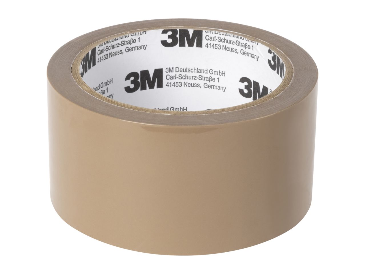 A roll of 3M brown packing tape with text on the core.