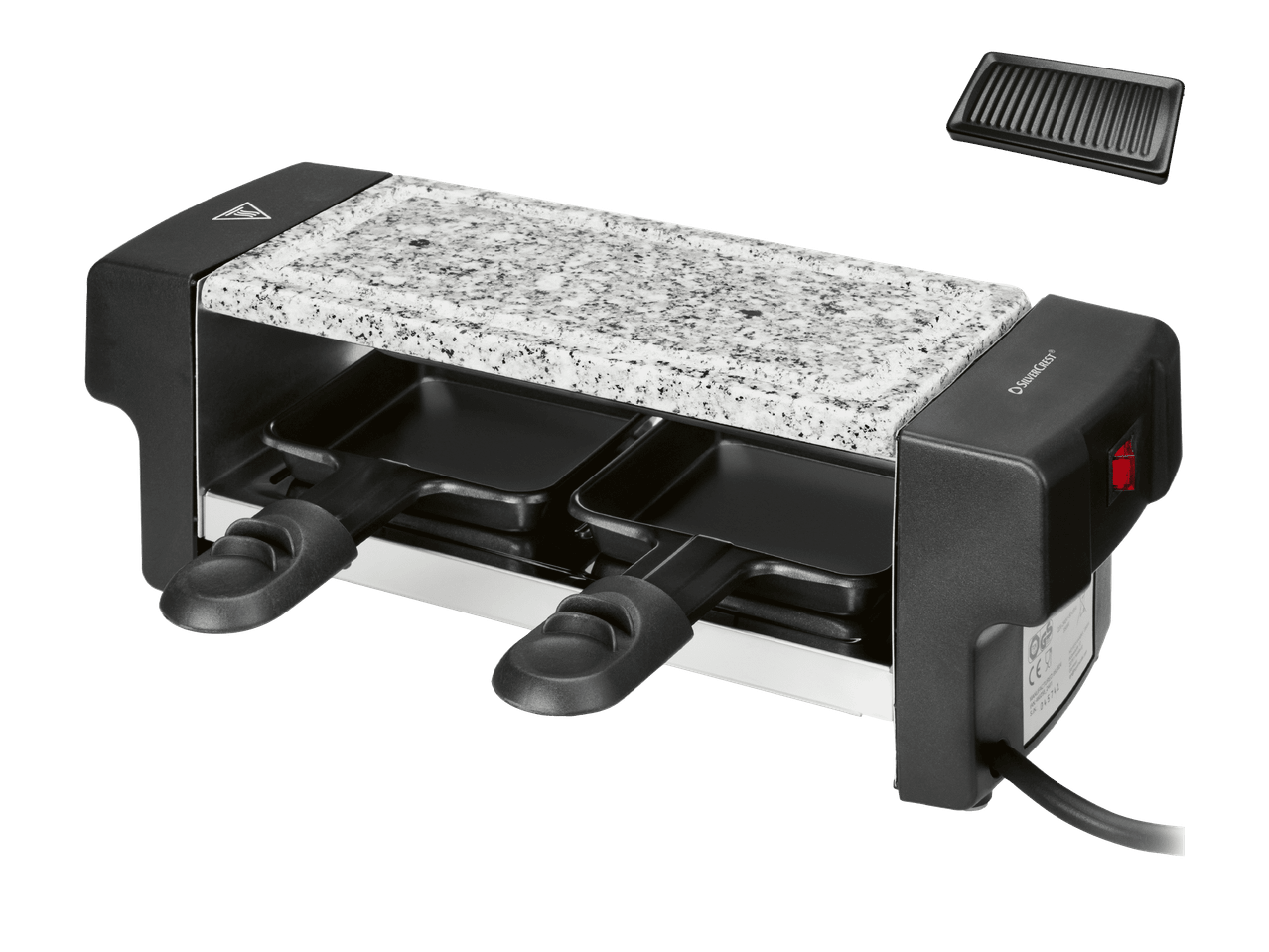 Silvercrest-raclette-grilli kivilevyllä ja kahdella pannulla, mukana lisägrillilevy.