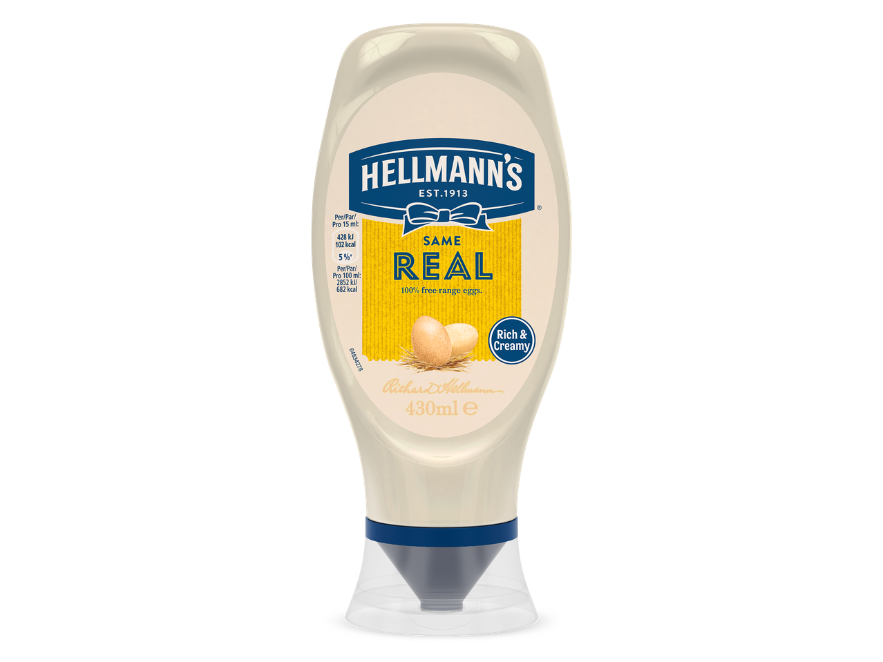 Fles mayonaise met een geel etiket met de tekst 'SAME REAL' en '100% free-range eggs'.