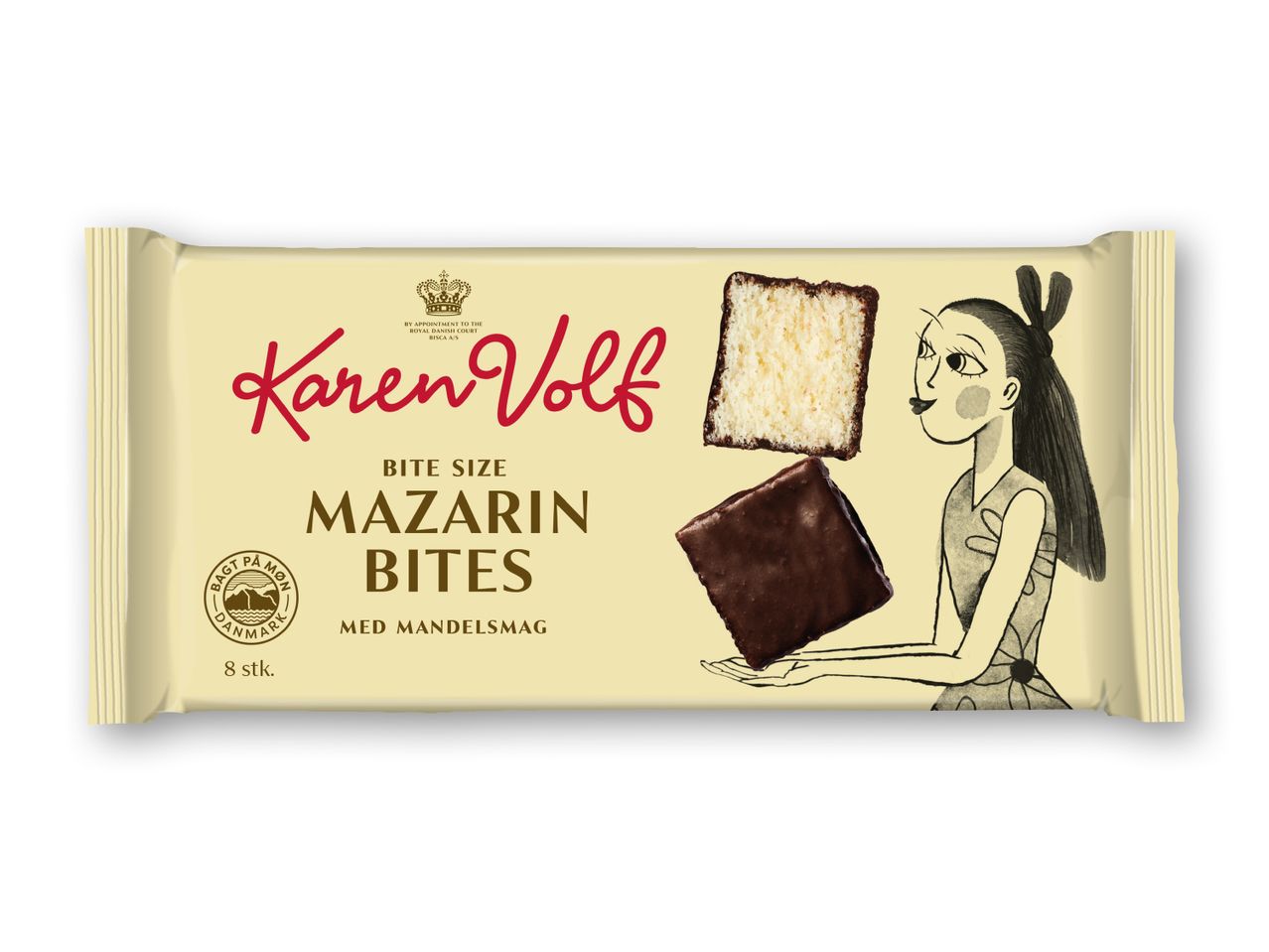 Pakke med mazarinkager med chokoladeovertræk, med en tegning af en kvinde.