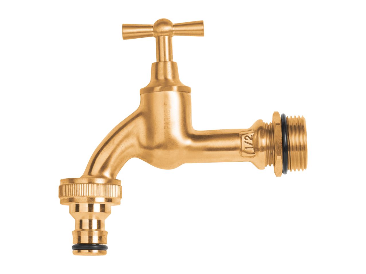 Brass garden tap with a hose connector and a 1/2 inch thread.