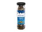 A glass jar of Greek-style capers in sea salt.