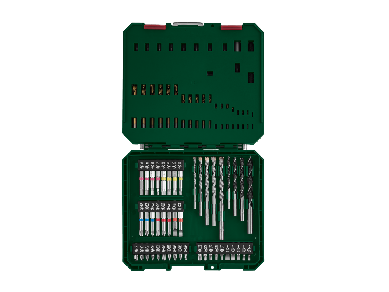 Conjunto de brocas e pontas PARKSIDE com brocas para metal, madeira, pedra e pontas de aparafusadora.