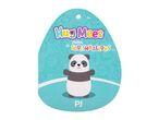 A teal-colored tag for a plush toy, featuring a panda character named PJ and the text 'Hug Mees Original by Squishmallows'.