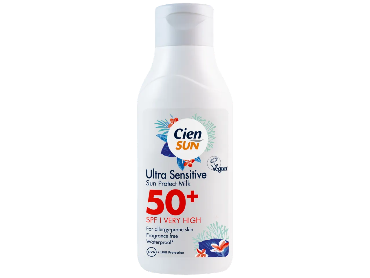 Cien Sun Ultra Sensitive SPF 50+ sun protect milk, vegan, for sensitive skin.