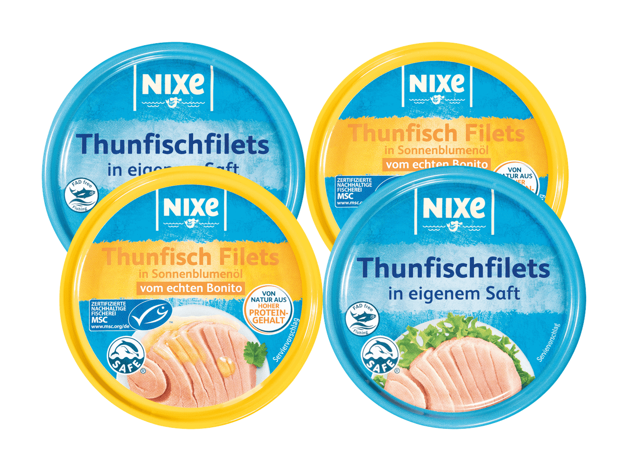 Vier Dosen Thunfischfilets, zwei in Sonnenblumenöl und zwei in eigenem Saft, mit Nachhaltigkeitssiegeln.