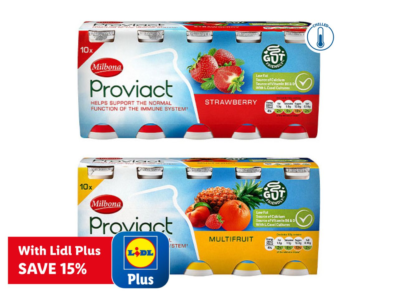 Milbona ProViact strawberry and multifruit drinks, with a Lidl Plus 15% off offer.