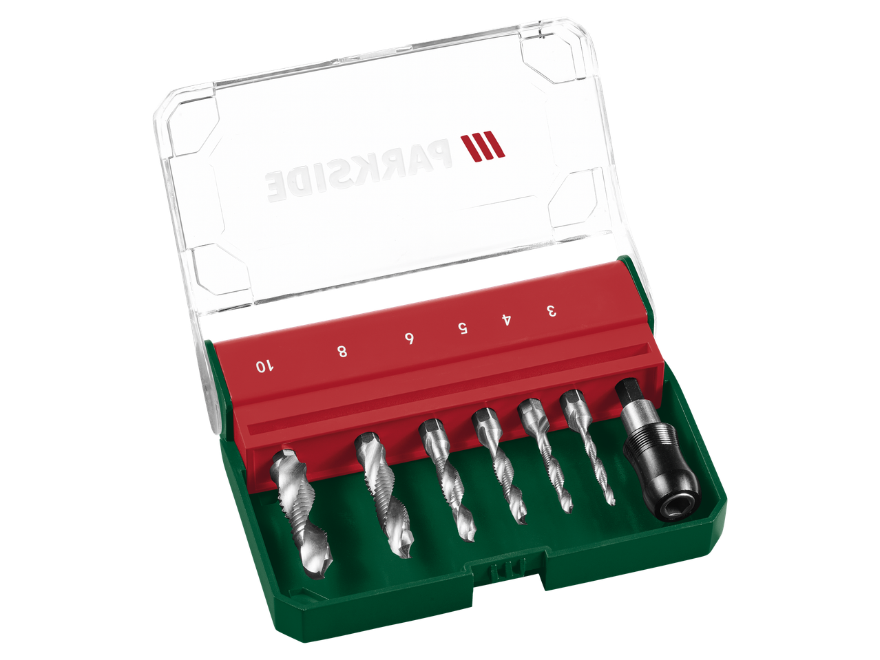 PARKSIDE® vītņurbju komplekts ar 6 vītņurbjiem un turētāju sarkanā un zaļā kastē.