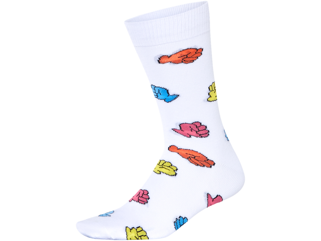 White socks with colorful hand prints.