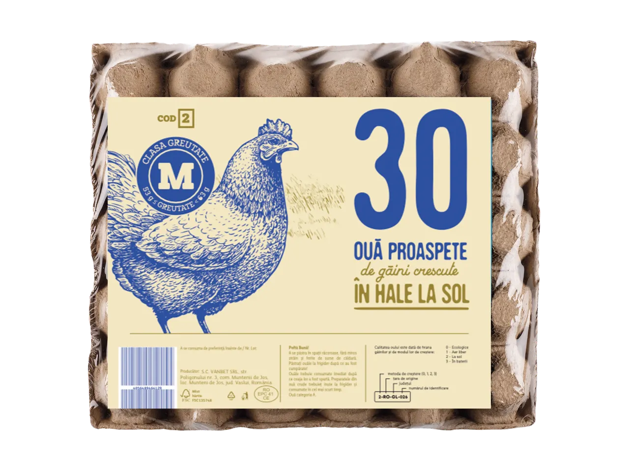 30 ouă de găini crescute în hale la sol, marca Clara Greutate.