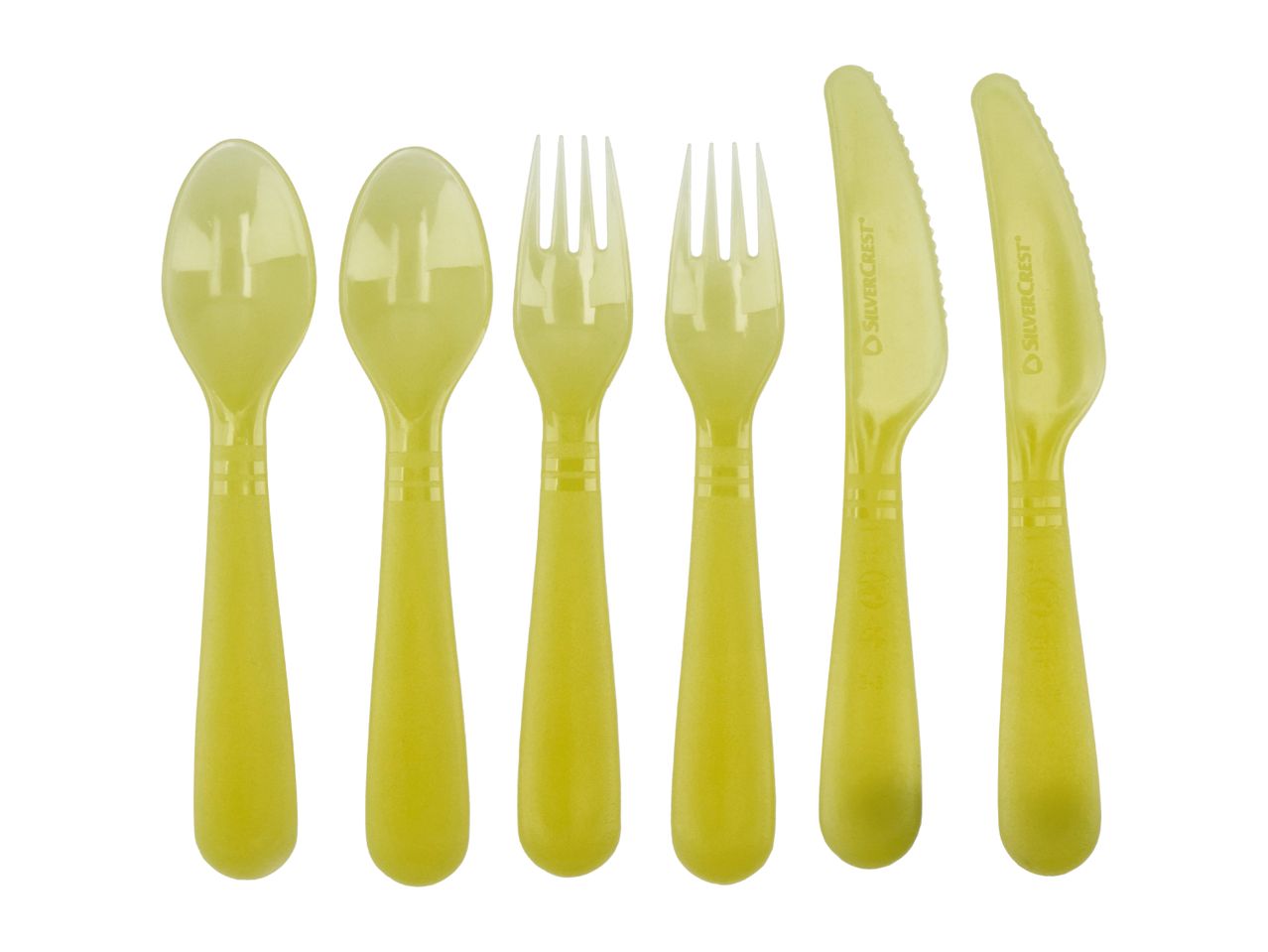 Six pieces of reusable plastic cutlery in a light green color, including two spoons, two forks, and two knives.