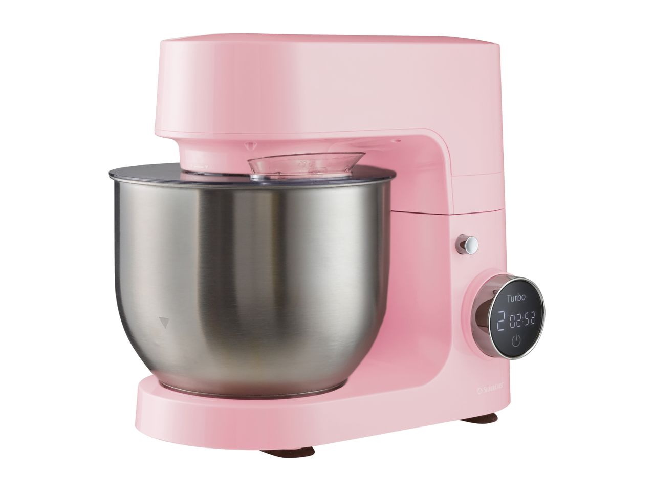 Pink stand mixer with a stainless steel bowl and a digital display showing 'Turbo 2 02:52'