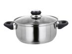 Stainless steel cooking pot with glass lid and black handles