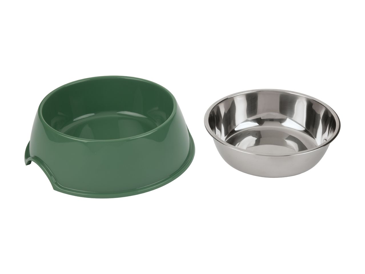 Green plastic pet bowl and a silver stainless steel pet bowl.