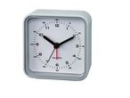 A simple, square analog alarm clock in light gray.