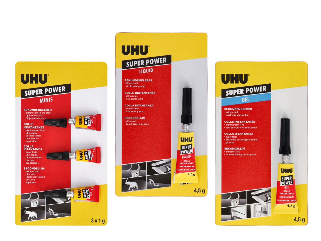 UHU Max Repair Kleber in verschiedenen Größen und Verpackungen.