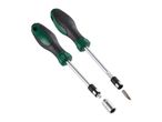 Two screwdrivers with green and black handles, one with a socket and the other with a bit.