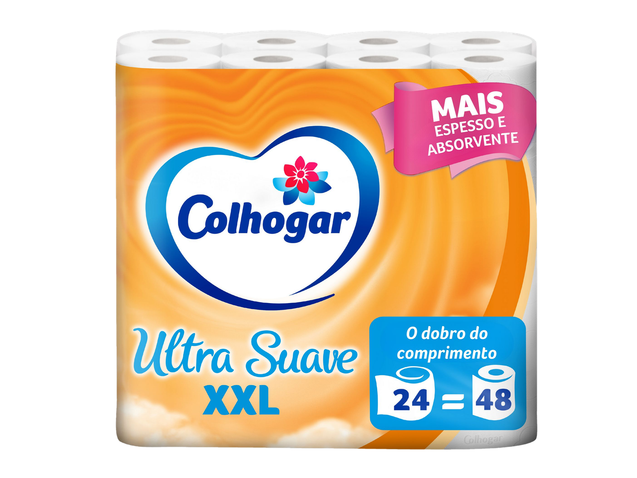 Embalagem de papel higiénico com 24 rolos, que equivalem a 48 rolos, com a indicação 'Mais Espesso e Absorvente'.