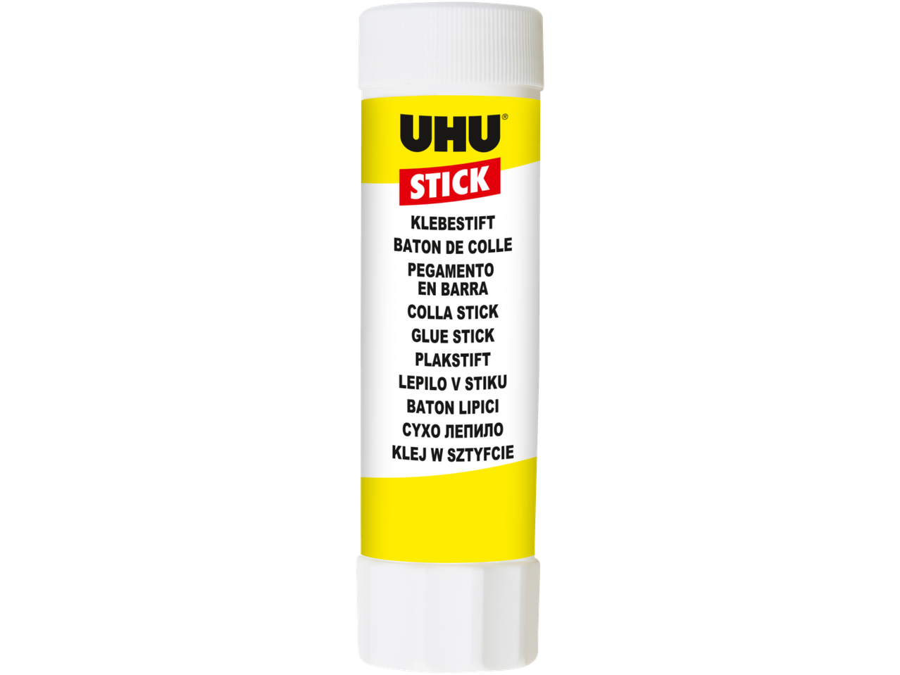 UHU lepak u stiku sa višejezičnim nazivima proizvoda.