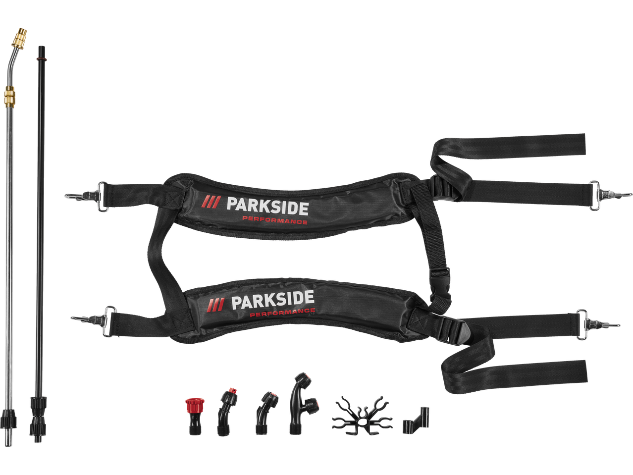 Parkside Performance® 20V akumuliatorinio kuprinės purkštuvo priedai: purkštukai, purškimo lazdelės ir diržai.