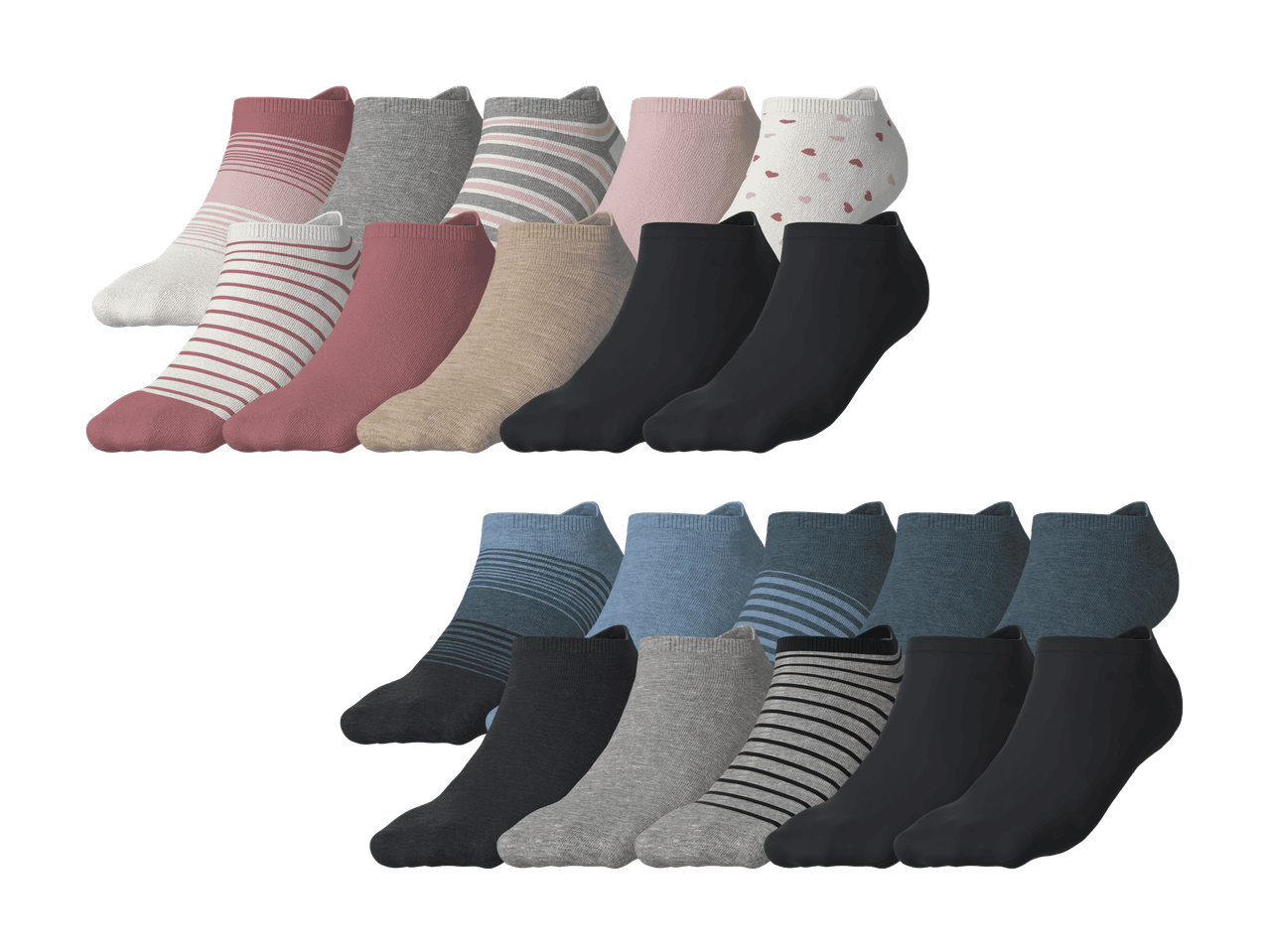 Chaussettes courtes pour femmes en rose, gris, noir et bleu, certaines rayées ou à cœurs.