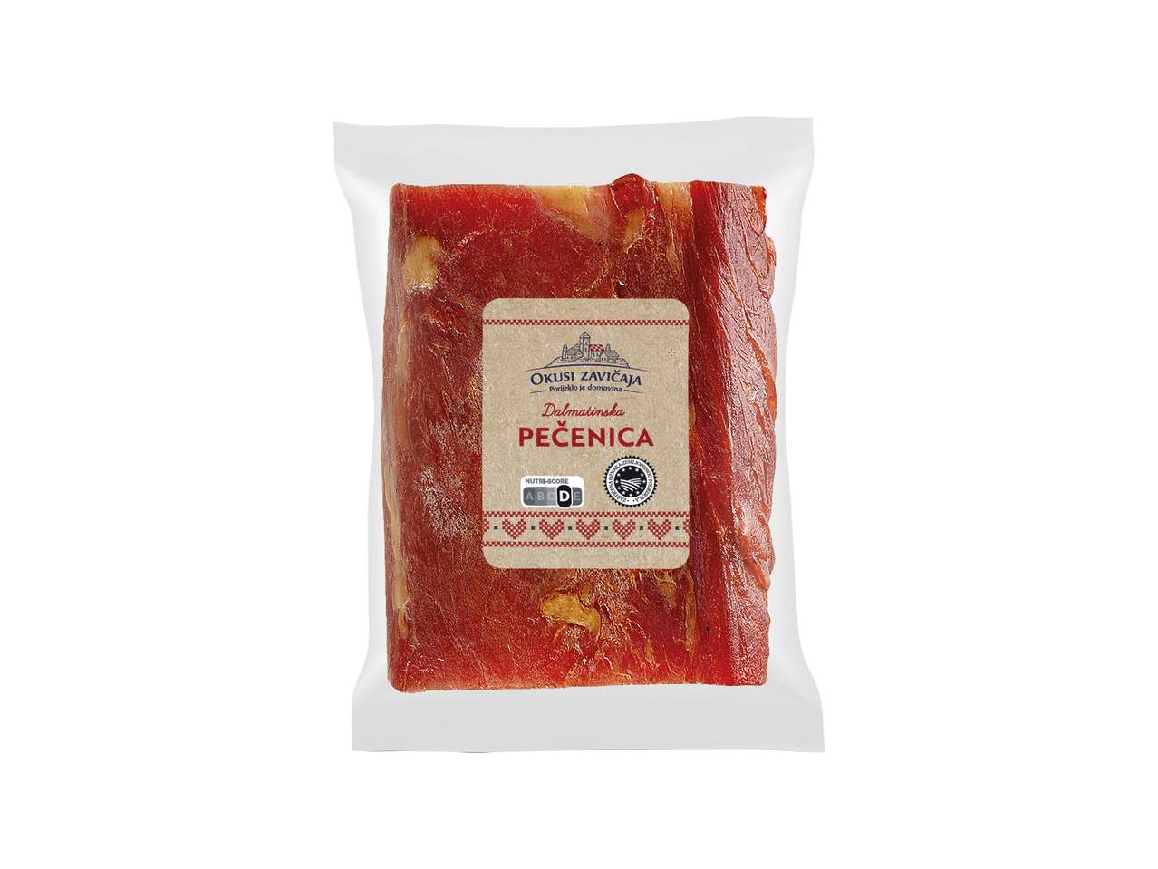 Vakuumirano pakiranje dimljene dalmatinske pečenice Okusi zavičaja s Nutri-Score oznakom.
