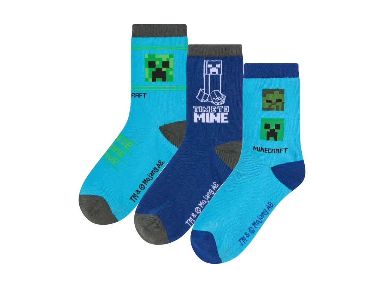 Three pairs of Minecraft-themed children's socks in blue and navy.