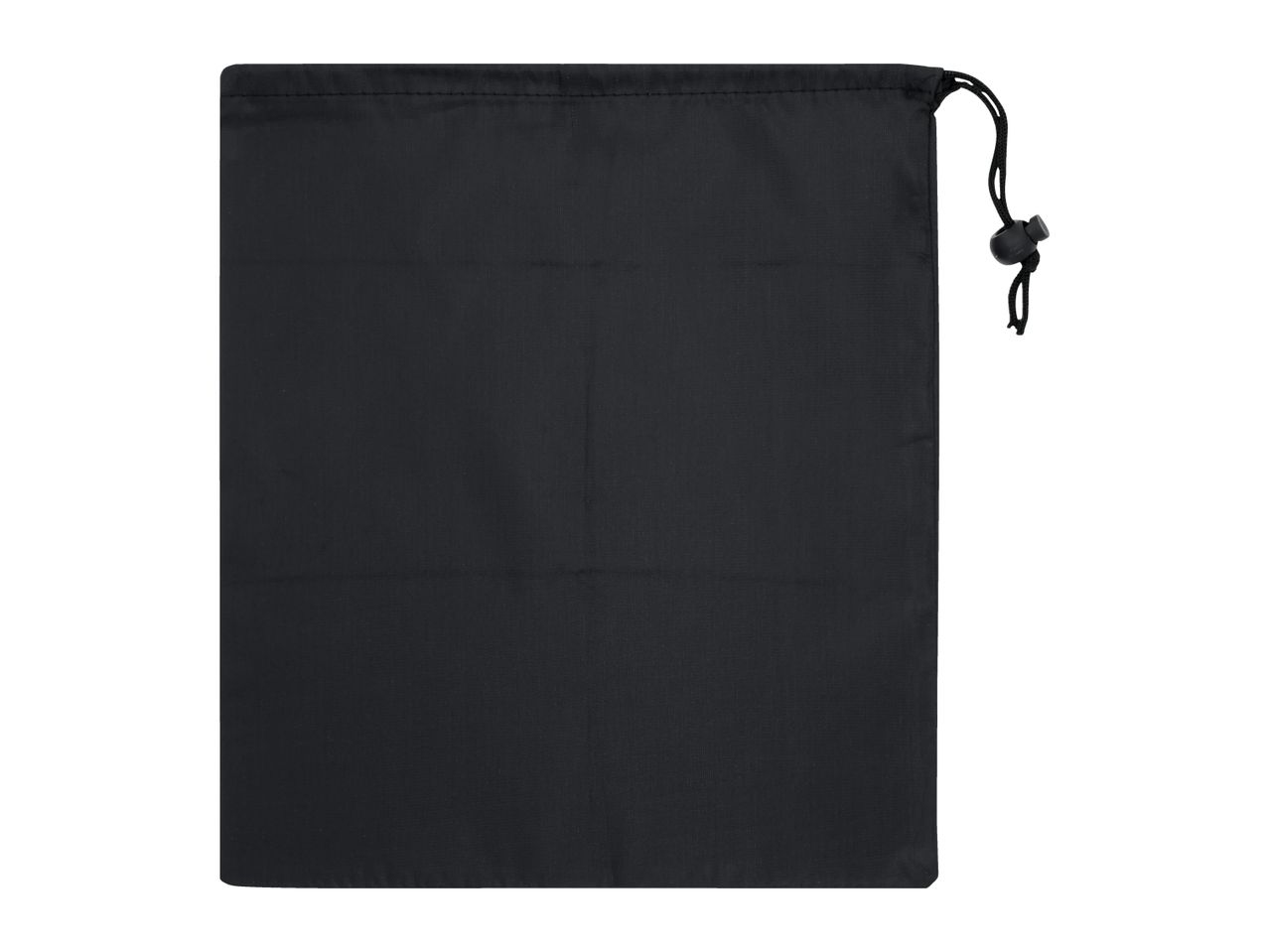 Black drawstring bag with a cord lock on a white background.