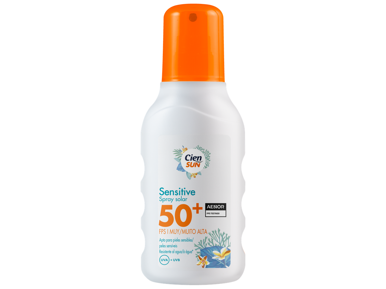 Spray solar Cien Sun Sensitive FPS 50+, proteção muito alta.