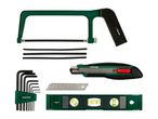 A set of hand tools including a hacksaw, utility knife, hex keys, and a spirit level.