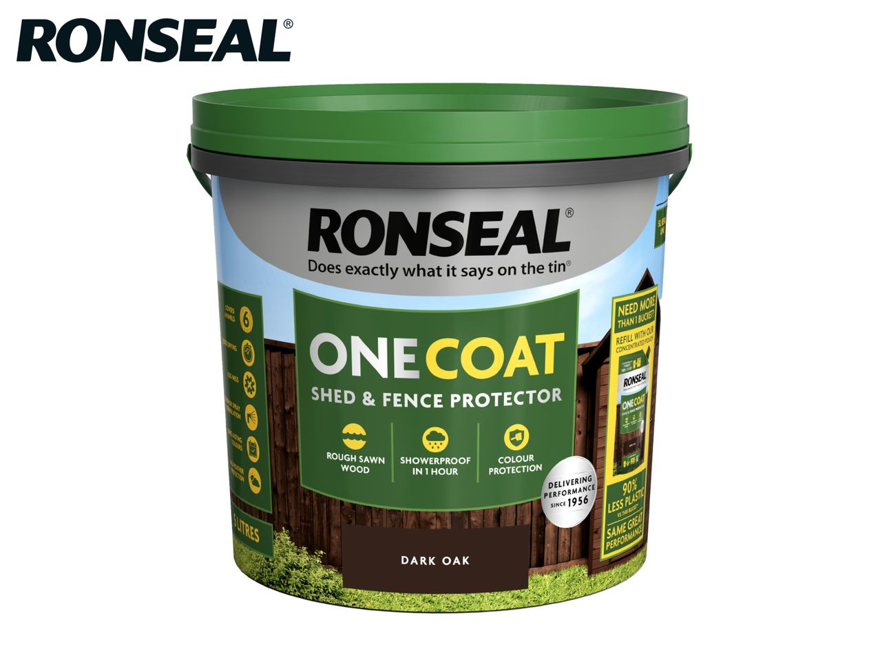 Dark oak shed and fence protector bucket, highlighting one-coat application and weather protection.