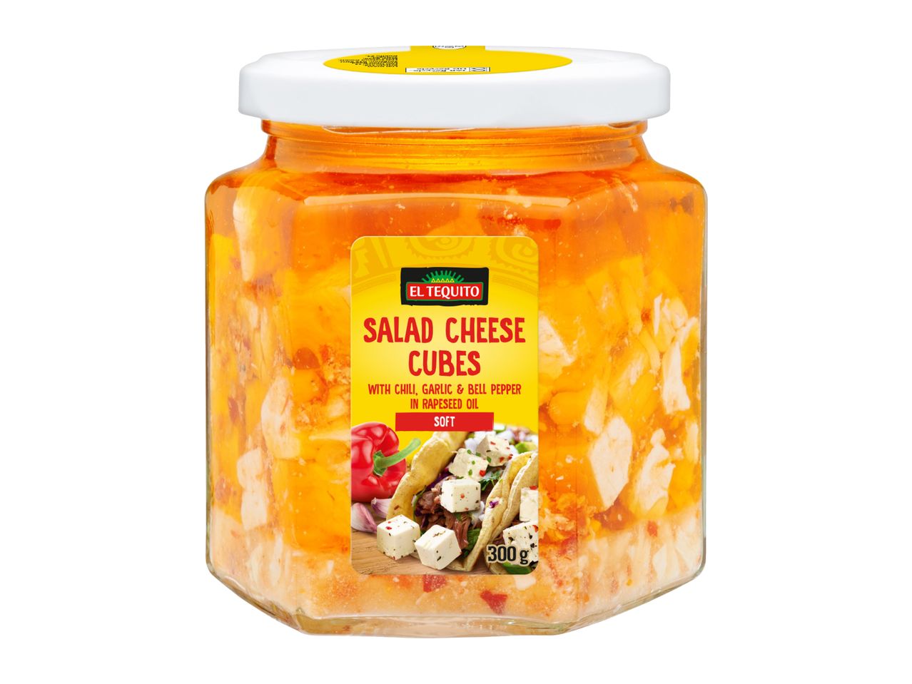 Jar of salad cheese cubes with chili, garlic, and bell pepper in rapeseed oil.