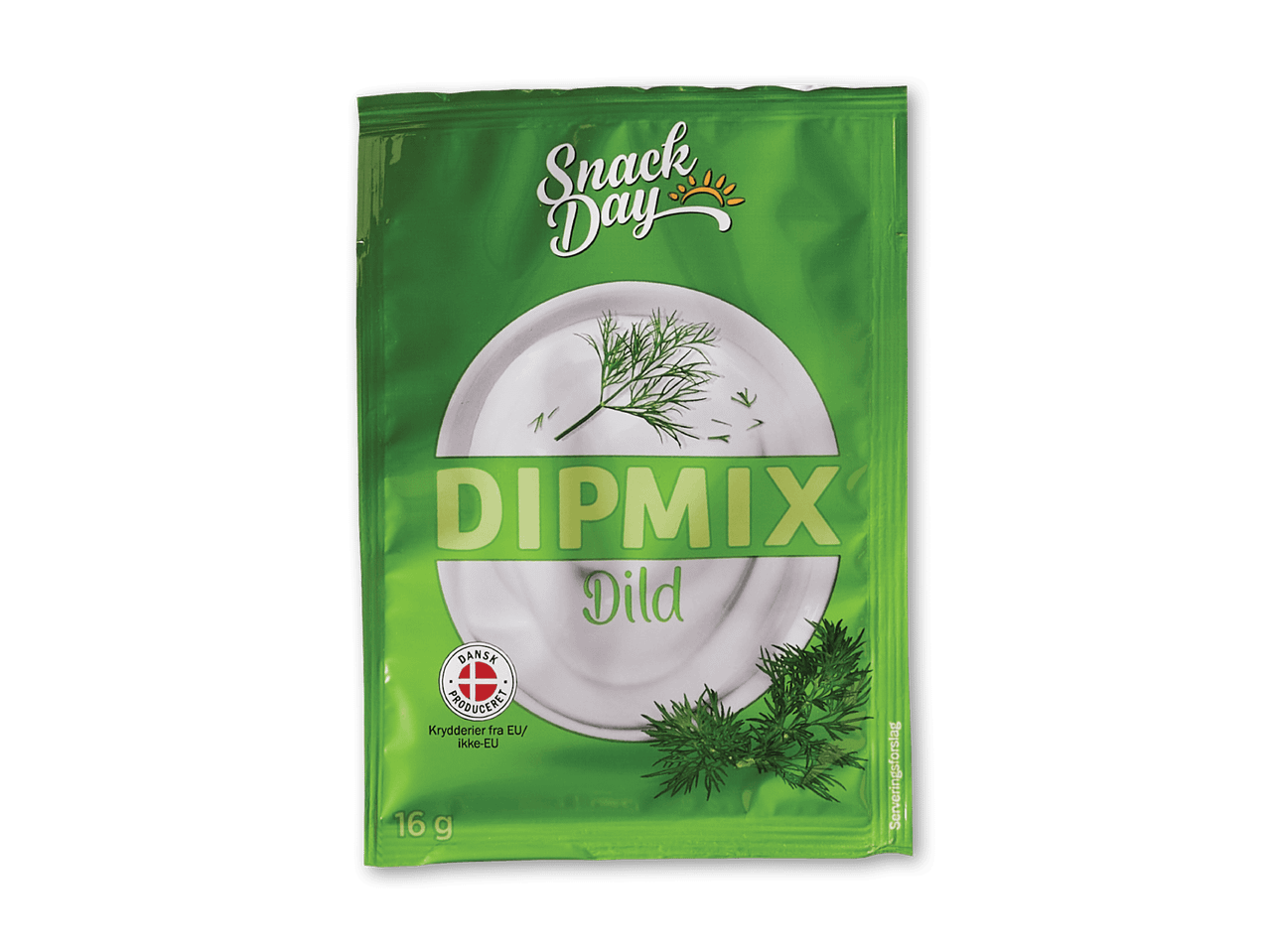 Grøn pose med dild dipmix, 16g, med dansk produceret mærke.