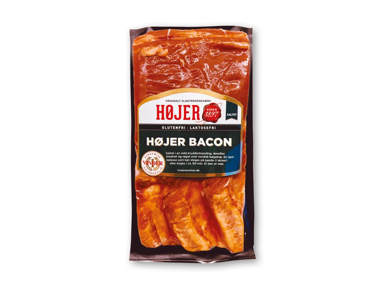 Højer Bacon i vakuumpakke med mærkat, der angiver glutenfri og laktosefri.