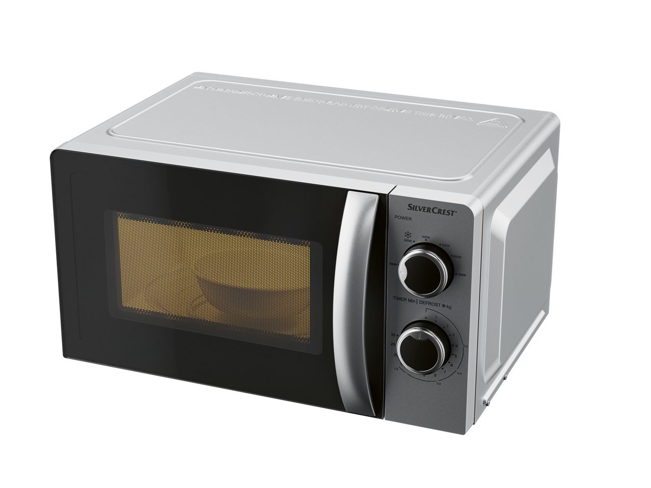 Forno a microonde SilverCrest grigio con manopole di controllo e sportello nero.
