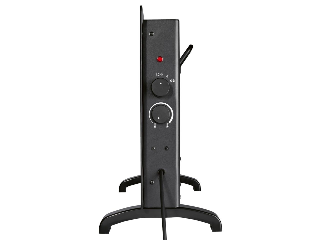 Страничен изглед на черен конвектор с два контролни циферблата и червен индикатор.